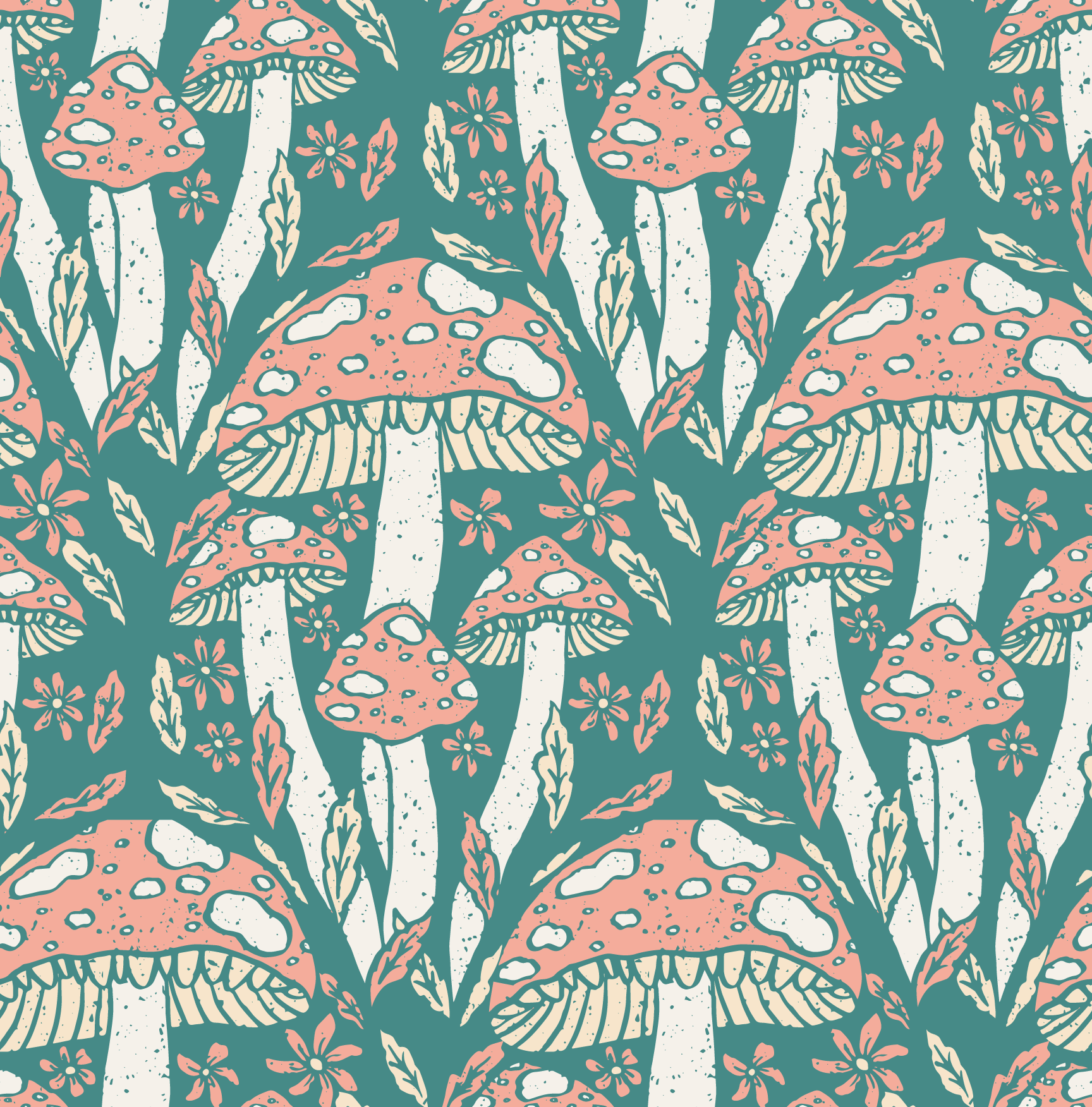 Pattern of pink and white mushrooms on a teal background